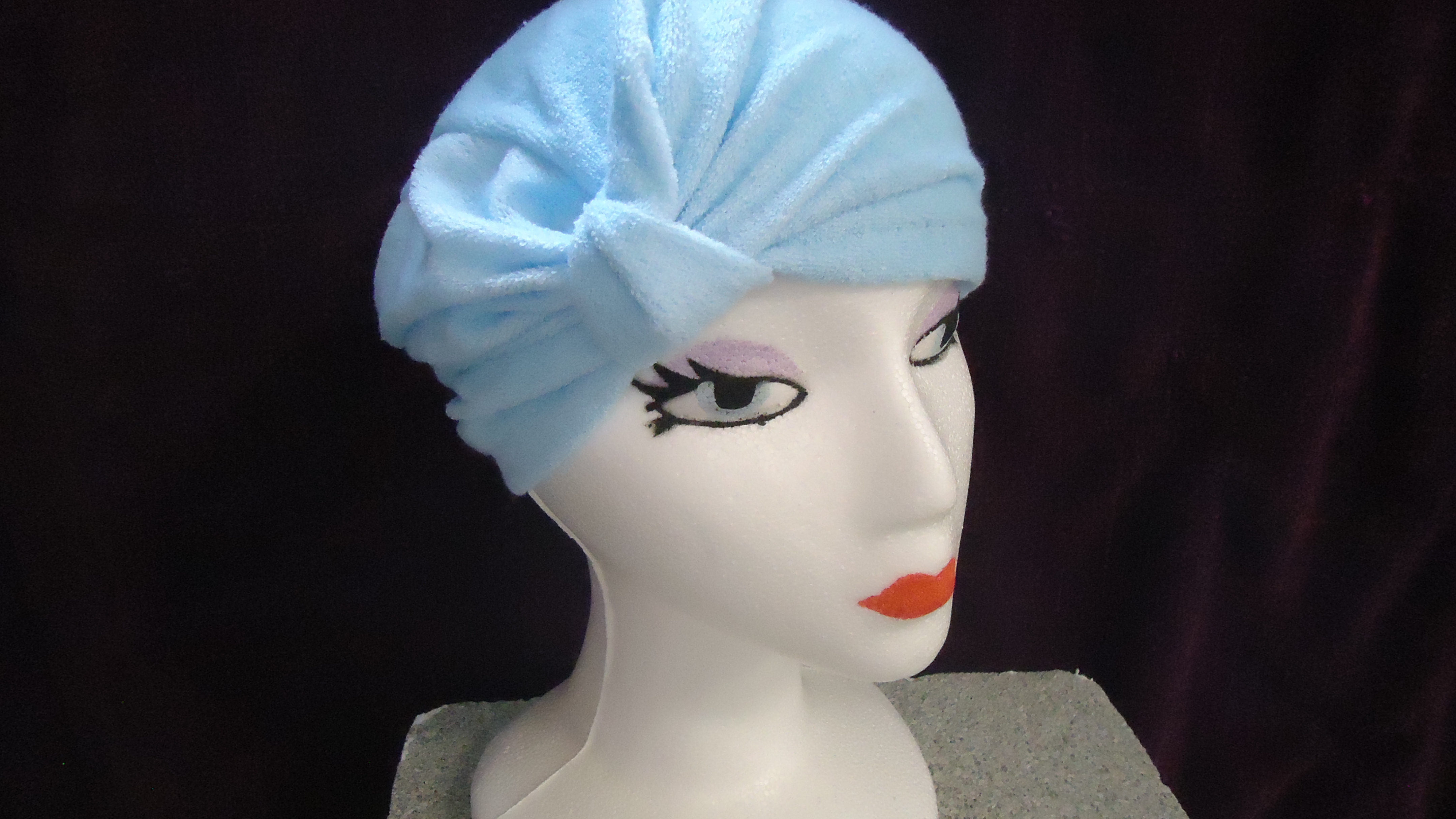 #TTURBAN COMFORT-STRETCH tm TERRY TURBAN- LIGHT BLUE ON #800W10XCMH COSMETIQUE tm HEAD: MADE IN THE USA