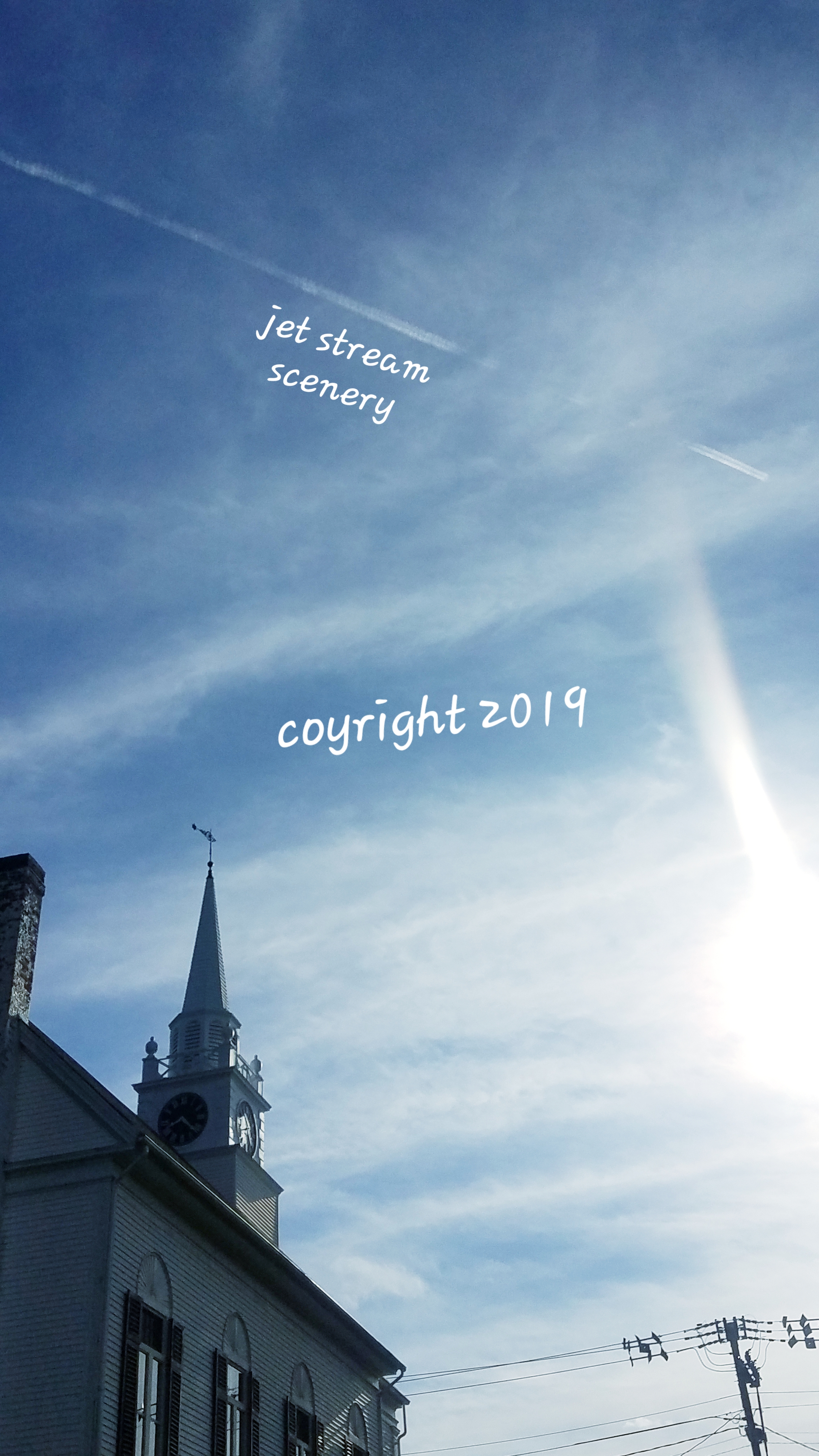 #SSTEEPLE SKY, SUN, AND VAPOR TRAIL FROM STREAM SCENERY