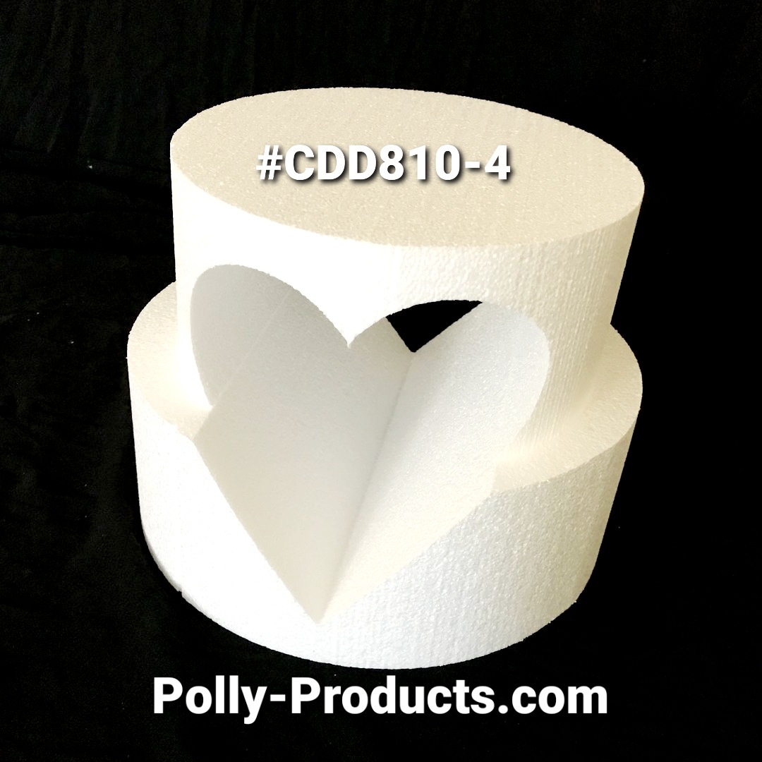 #CDD810-4 CAKE BASES/DUMMIES WITH HEART FROM POLLY PRODUCTS. MADE IN THE USA QUALITY