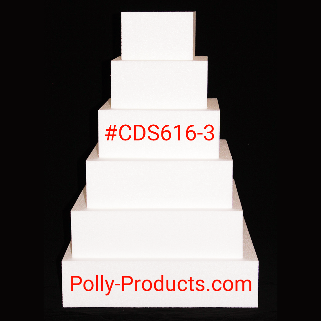 POLLY PRODUCTS SQUARE SIX LEVEL CAKE BASE, 3" THICK #CDS616-3 CENTERPIECE. 6" TO 16" DIAMETER. MADE IN THE USA 
