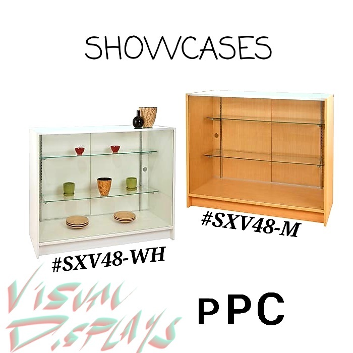 #SXV48-WH and #SXV48-M WHITE AND MAPLE SHOWCASES, 48" FROM POLLY PRODUCTS
