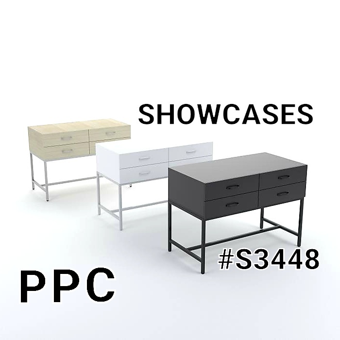 #S3448 PPC 4 DRAWER STEEL FRAME DISPLAY TABLE SHOWCASES: BLACK, WHITE, AND MAPLE