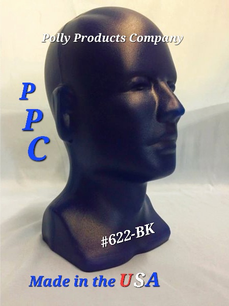 #622-BK MALE HEAD 13"H FORM/BLACK PLASTIC. BLUE AND WHITE ARE ALSO AVAILABLE. MADE IN THE USA QUALITY.