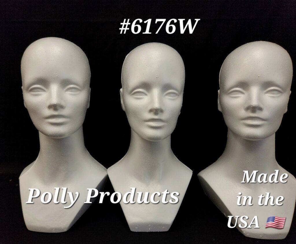 POLLY PRODUCTS ORIGINAL #6176W 15 inch Mannequin head with 3 glances: Left, Right, and straight ahead.