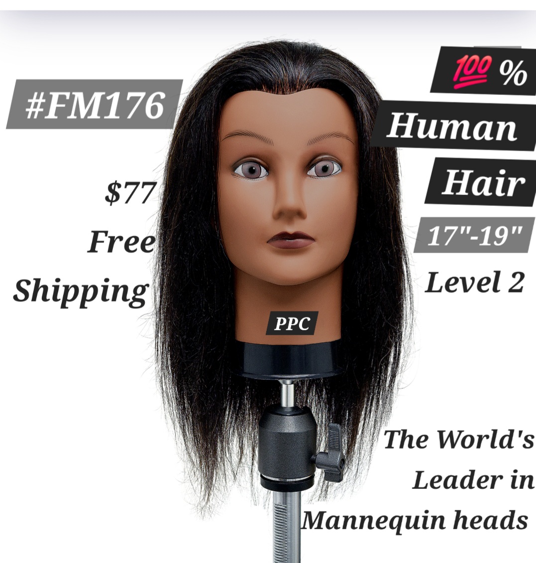 #FM176 PPC Dark-Skin tone, Dk. Brn 17-19 inch Level 2 Higher Quality 💯 % Human Hair Practice Mannequin Head.